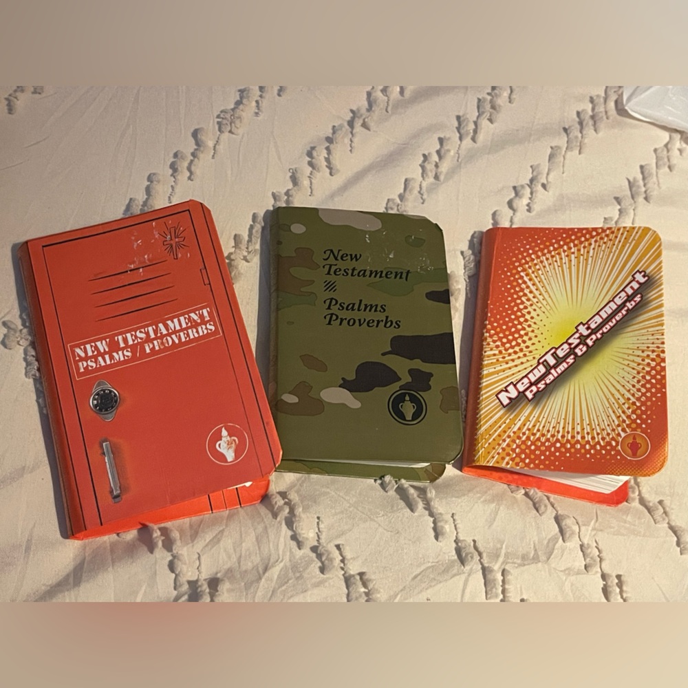 3 New Testament Books-2 orange, one camo - Picture 1 of 2